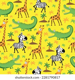Safari seamless pattern, cartoon zebra, giraffe and alligator in savanna. Good for textile print, poster, card, wrapping and wall paper design.