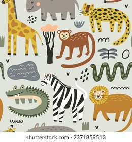 Safari seamless pattern cute cartoon background. Hand drawn in kid style. The design used for print, wallpaper, fabric, textile Kids vector illustration