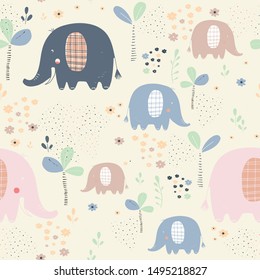 Safari seamless pattern with cute elephants, and tropical plants. Can be used for t-shirt print, kids wear fashion design, baby shower invitation card. - Vector