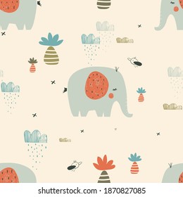 Safari seamless pattern with cute elephants birds and tropical plants. Can be used for t-shirt print, kids wear fashion design, baby shower invitation card. - Vector