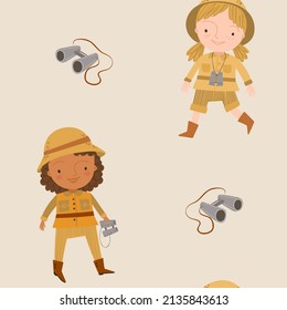 Safari seamless pattern with cute kids on beige background. Childish digital background with vector hand drawn elements. Seamless pattern for kids fabric, textile and scrapbook paper.