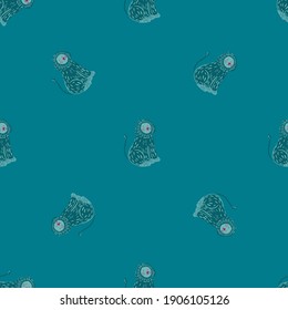 Safari seamless pattern with doodle wild lion silhouettes. Blue background. Tropic backdrop. Graphic design for wrapping paper and fabric textures. Vector Illustration.