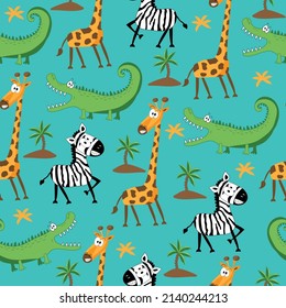 Safari seamless pattern - funny zebra, giraffe, and crocodile hand drawn vector illustartion. Good for Textile print, T shirt, poster, wrapping and wall paper design.