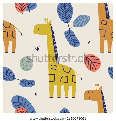 Safari seamless pattern with giraffe. Hand drawn vector illustration. For kids