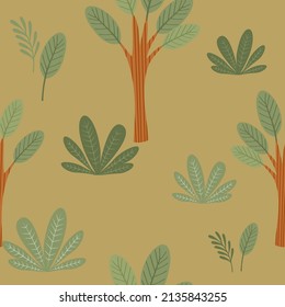 Safari seamless pattern with plants on olive background. Jungle digital background with vector hand drawn elements. Seamless pattern for kids fabric, textile and scrapbook paper.