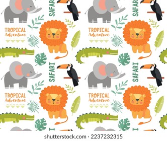 Safari seamless pattern. Repeating design element for printing on fabric. Lion cub, baby elephant and crocodile with parrot. Exotic and tropical countries, wild life. Cartoon flat vector illustration