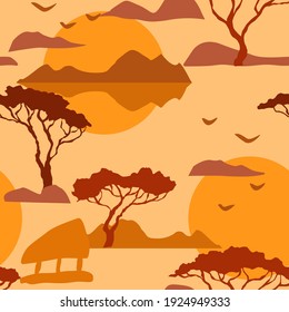 Safari seamless pattern of vector illustrations of acacia trees, sun, beach, birds in teracotta colors. Africa nature landscape texture for wallpaper, textile, fabric, paper packaging.