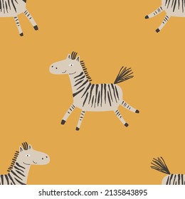 Safari seamless pattern with zebras on mustard background. African digital background with vector hand drawn elements. Seamless pattern for kids fabric, textile and scrapbook paper.