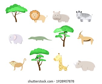 Safari set of cute animals and trees. Africa. Lion, Hippo, Zebra, Elephant, Crocodile, Gazelle, Monkey, Giraffe, Rhinoceros