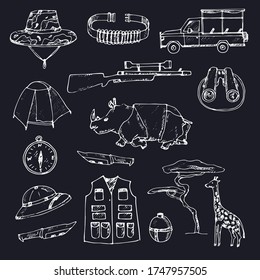 Safari set isolated hand drawn doodles Vector set