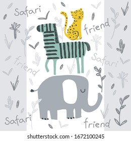 Safari set with leopard, zebra and elephant with funny plants on the background.  Cute summer print for baby clothes, fabric, posters.