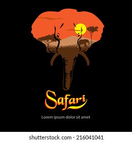 Safari. Silhouette of elephant African landscape.