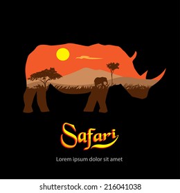 Safari. Silhouette of rhinoceros African landscape.