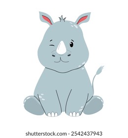 Rinoceronte-sentado-de-crianças-safári isolado em fundo branco, ilustração vetorial. Baby animal para pôster de bebê, cartão de saudação e design de bebê, roupas