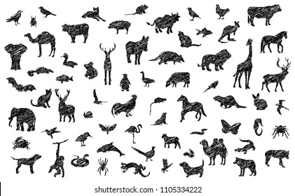 Safari Sketch Realistic Animal Silhouette Drawing Hand Vector Zebra Rabbit Dog Cat Giraffe Monkey Deer Butterfly Chicken Horse Elephant Fish Wolf Cow Snake Spider Icon. Farm Pictogram Sign. Zoo Patern