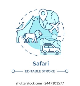 Safari soft blue concept icon. Wildlife tourism. Adventure travel to savanna. Wild animals observation. Round shape line illustration. Abstract idea. Graphic design. Easy to use in blog post