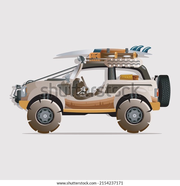 Safari\
sports car with petrol canister and\
surfboard