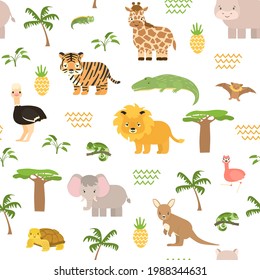 Safari summer animals seamless pattern. Cute vector chameleon, crocodile, lion, tiger, elephant, flamingo, giraffe, bat, kangaroo, ostrich, baobab, palm, plants