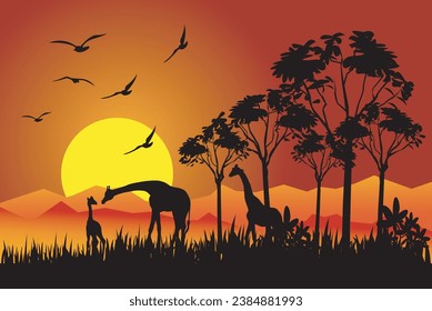 Safari Sunset. Jungle scape sunset, wild animal with sunset. Beautiful sunset.