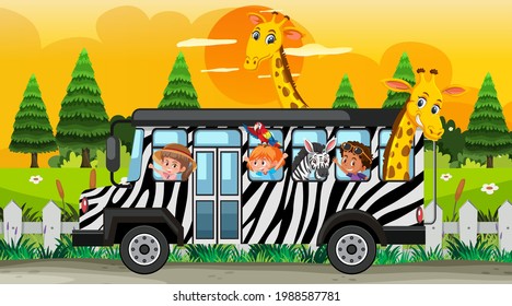 Safari at sunset scene with children and animals on the bus illustration
