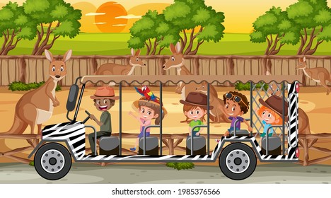 Safari at sunset scene with kids watching kangaroo group illustration