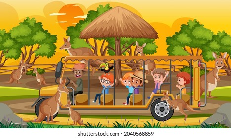 Safari at sunset scene with kids watching kangaroo group illustration