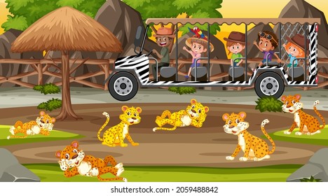 Safari at sunset scene with kids watching leopard group illustration