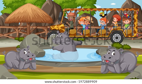 Safari at sunset scene with kids watching\
hippopotamus group\
illustration