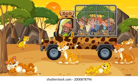 Safari at sunset time with many children watching leopard group illustration