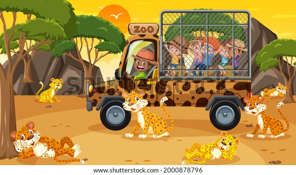 Safari at sunset time with many children\
watching leopard group\
illustration