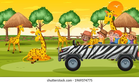 Safari at sunset time scene with children watching giraffe group illustration
