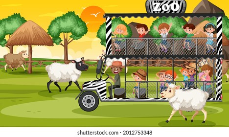 Safari at sunset time scene with children watching sheep group illustration