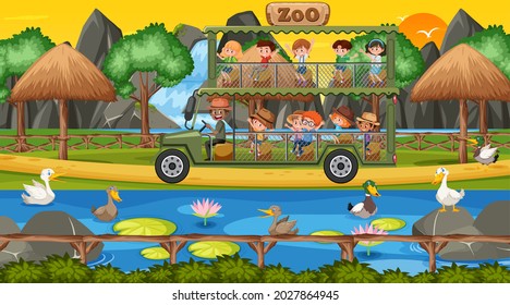 Safari at sunset time scene with children watching duck group illustration