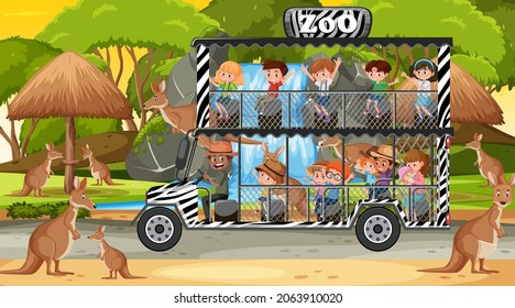 Safari at sunset time scene with children watching kangaroo group illustration