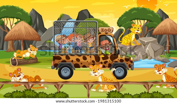 Safari at sunset time scene with children\
watching leopard group\
illustration