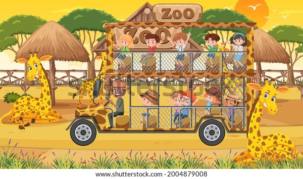 Safari at sunset time scene with children\
watching giraffe group\
illustration