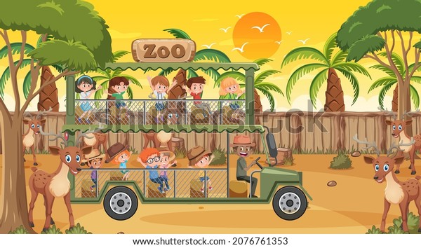 Safari at sunset time scene with children\
watching deer group\
illustration