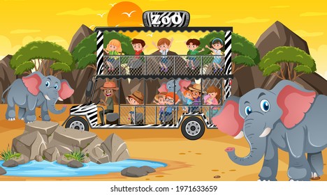 Safari at sunset time scene with many children watching elephant group illustration
