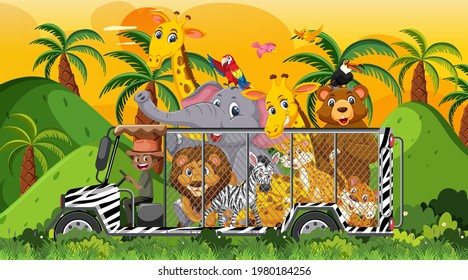 Safari at sunset time scene with many kids watching animals illustration