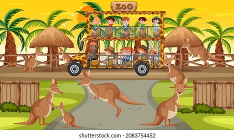 Safari at sunset time scene with many children watching kangaroo group illustration