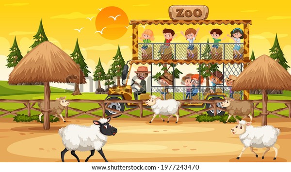 Safari at sunset time scene with many\
children watching sheep group\
illustration