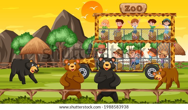 Safari at sunset time scene with many\
children watching bear group\
illustration