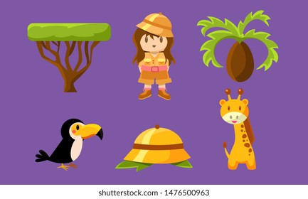 Safari Symbols Set, African Animals, Trees and Girl in Safari Outfit Vector Illustration