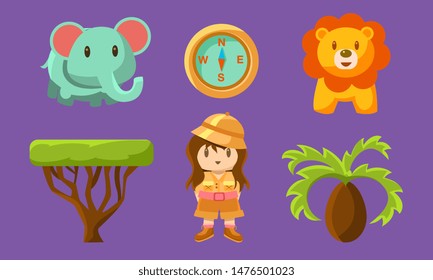 Safari Symbols Set, Cute African Animals, Trees and Girl in Safari Outfit Vector Illustration