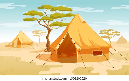 Safari tent in the desert savannah. Vector illustration.