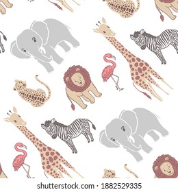 Safari theme seamless vector pattern with hand drawn illustrations of african animals