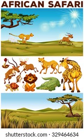 Safari theme with wild animals in the field illustration
