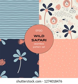 Safari themed vector seamless background set includes grunge stripes, lion, palm tree, polka dots patterns, vector graphics, kids and baby summer textile tee shirt apparel print