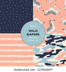 Safari themed vector seamless background set includes zebra, stripes, polka dots and camouflage patterns, vector graphics, kids and baby summer textile tee shirt apparel print