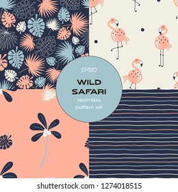 Safari themed vector seamless background set includes tropical leaves, stripes, flamingo and palm tree patterns, vector graphics, kids and baby summer textile tee shirt apparel print